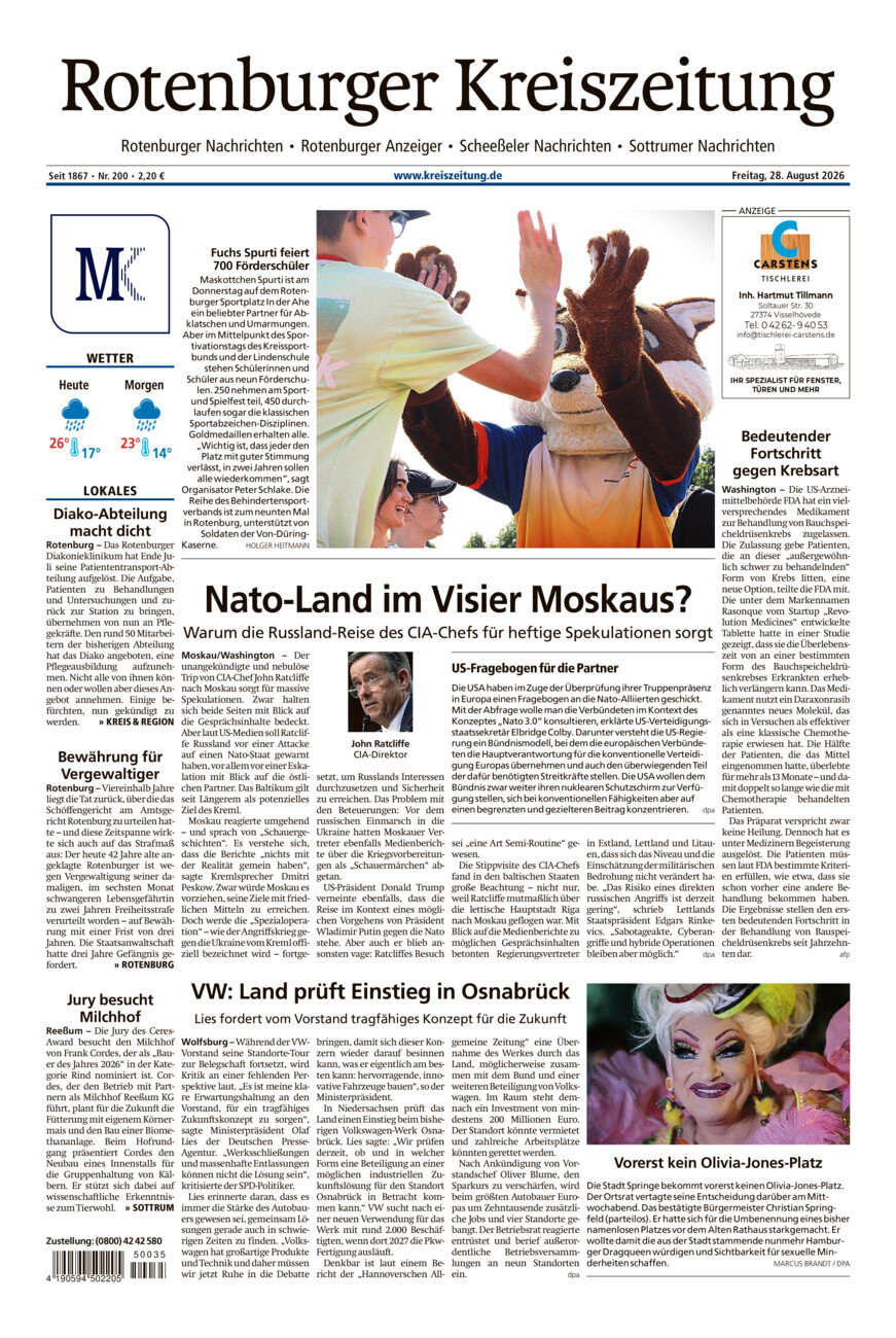 Rotenburger Kreiszeitung/Visselhöveder Nachrichten vom Freitag, 28.08.2026