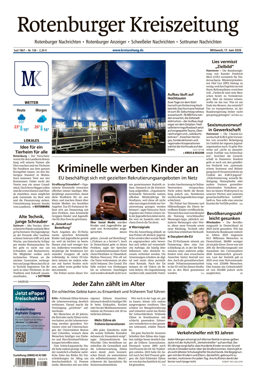 Rotenburger Kreiszeitung/Visselhöveder Nachrichten vom Mittwoch, 17.06.2026