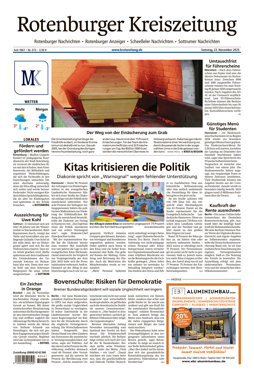 Rotenburger Kreiszeitung/Visselhöveder Nachrichten vom Samstag, 22.11.2025