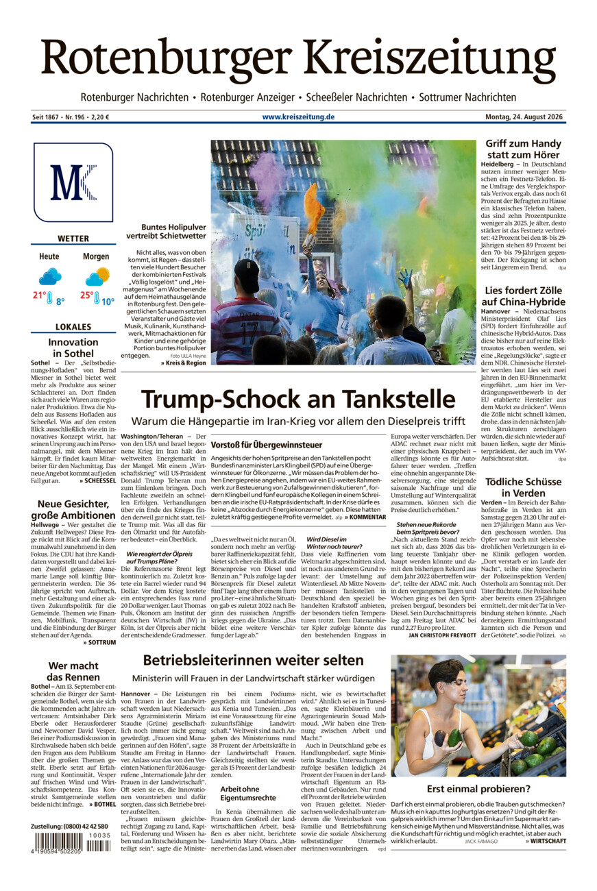 Rotenburger Kreiszeitung/Visselhöveder Nachrichten vom Montag, 24.08.2026