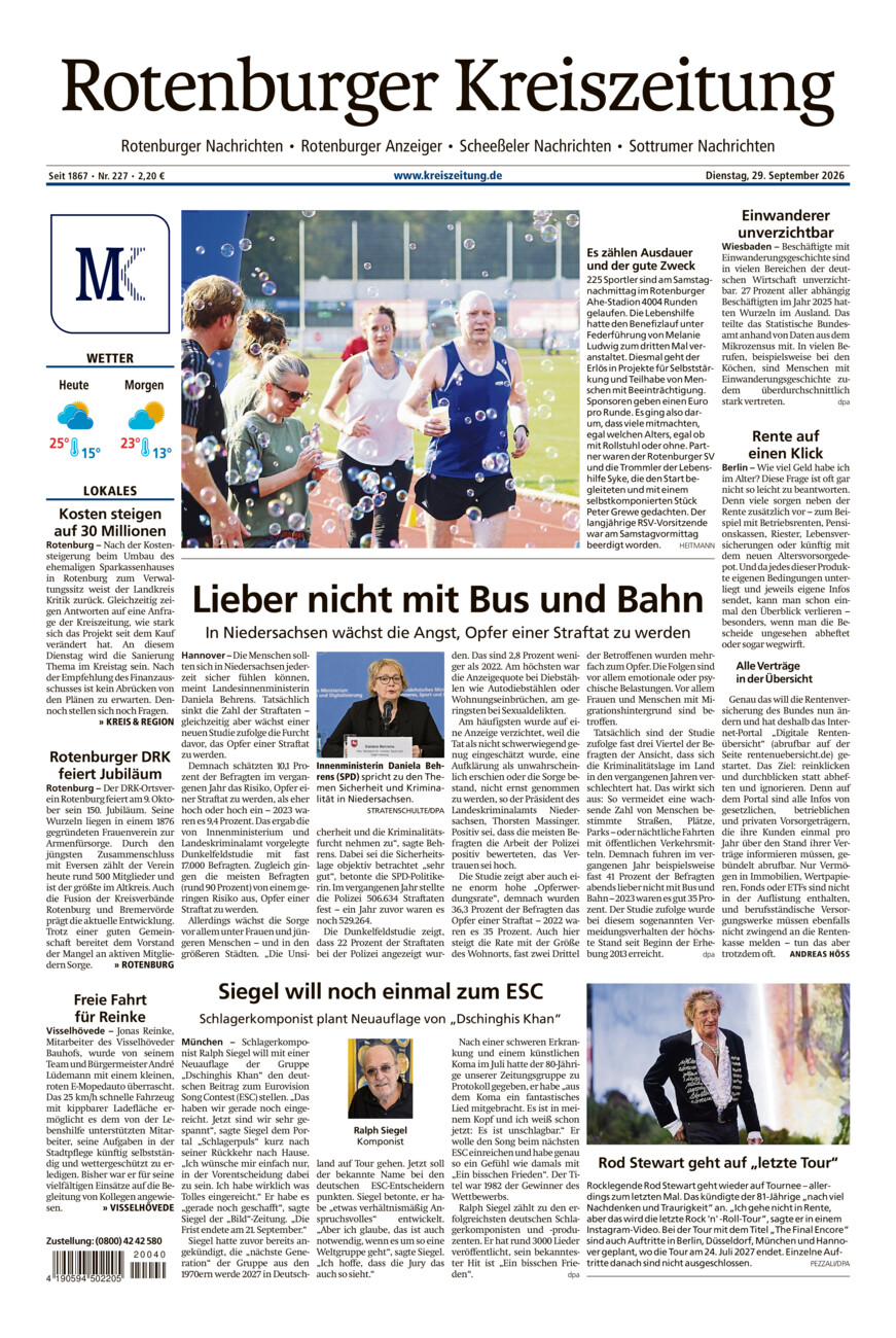 Rotenburger Kreiszeitung/Visselhöveder Nachrichten vom Dienstag, 29.09.2026