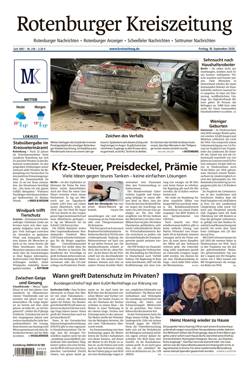 Rotenburger Kreiszeitung/Visselhöveder Nachrichten vom Freitag, 18.09.2026