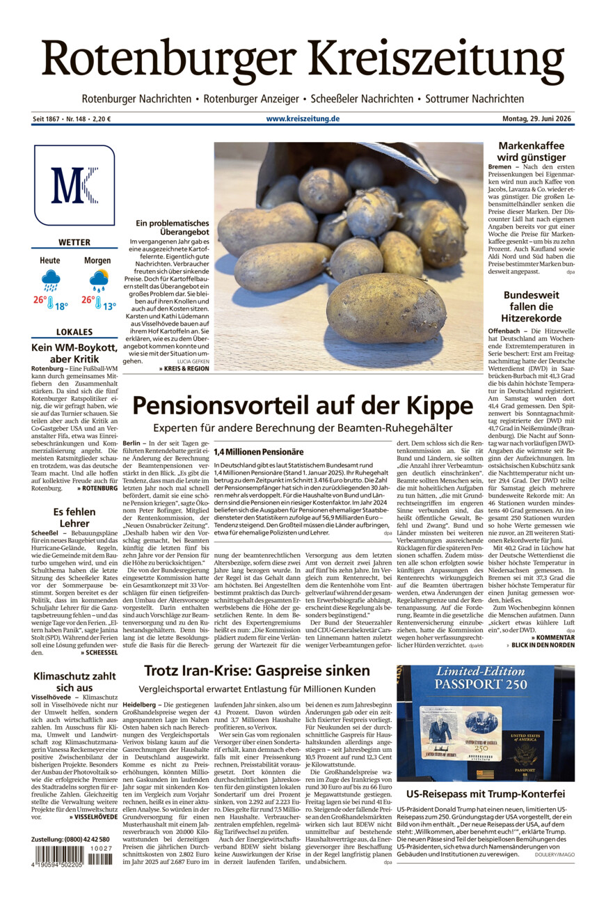Rotenburger Kreiszeitung/Visselhöveder Nachrichten vom Montag, 29.06.2026