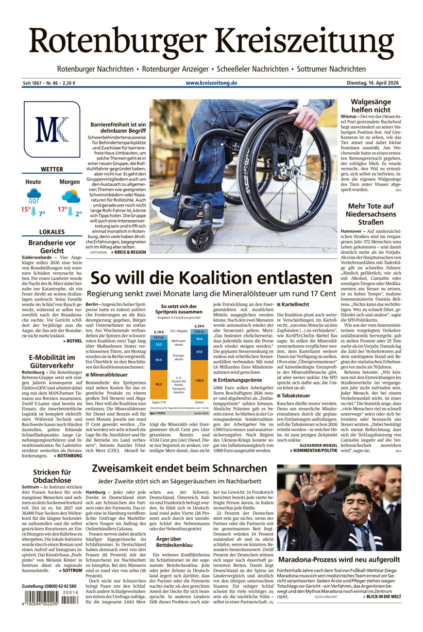 Rotenburger Kreiszeitung/Visselhöveder Nachrichten vom Dienstag, 14.04.2026