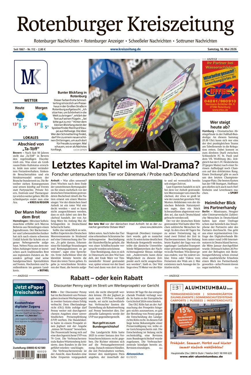Rotenburger Kreiszeitung/Visselhöveder Nachrichten vom Samstag, 16.05.2026