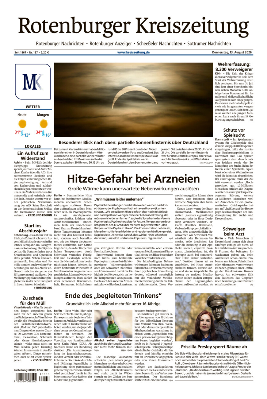 Rotenburger Kreiszeitung/Visselhöveder Nachrichten vom Donnerstag, 13.08.2026