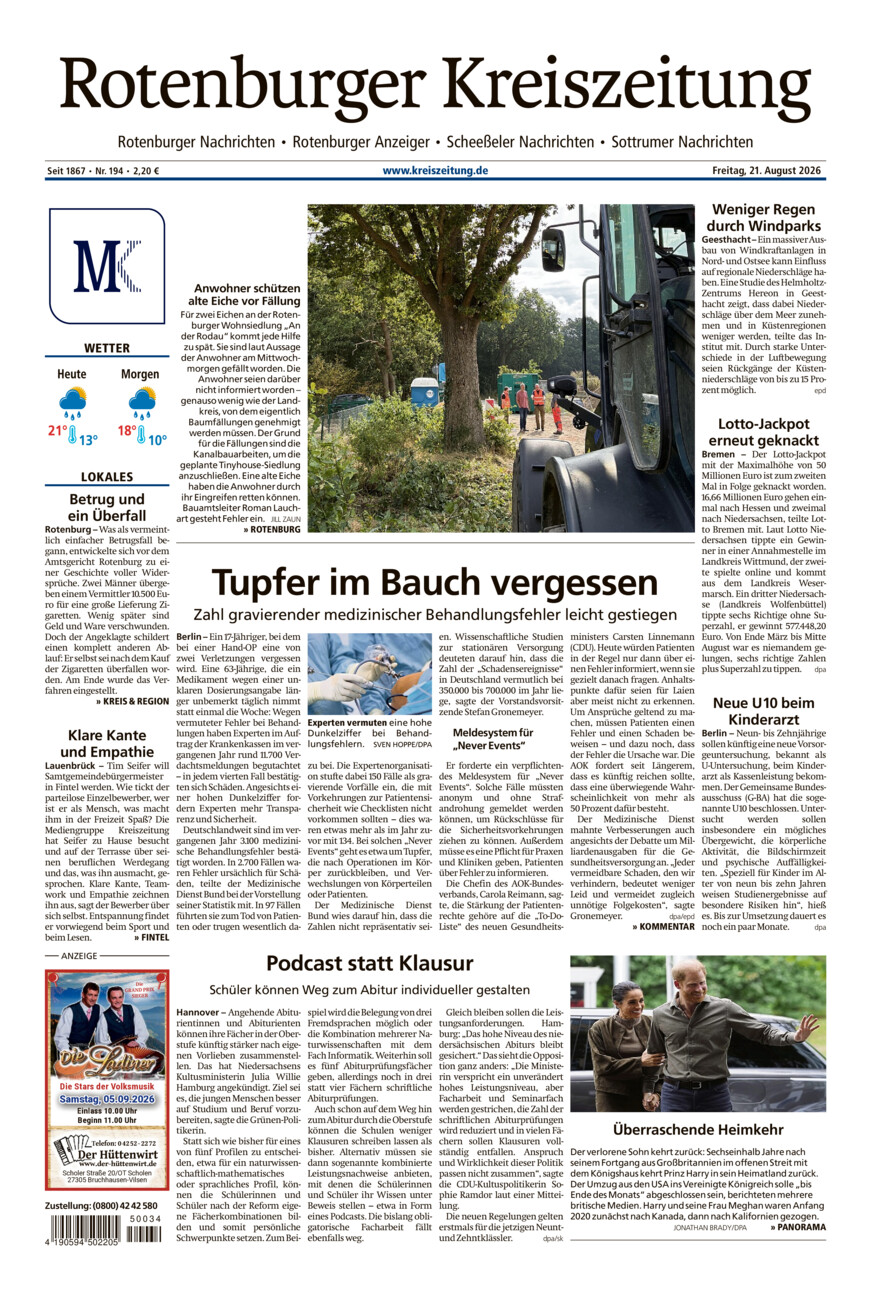 Rotenburger Kreiszeitung/Visselhöveder Nachrichten vom Freitag, 21.08.2026