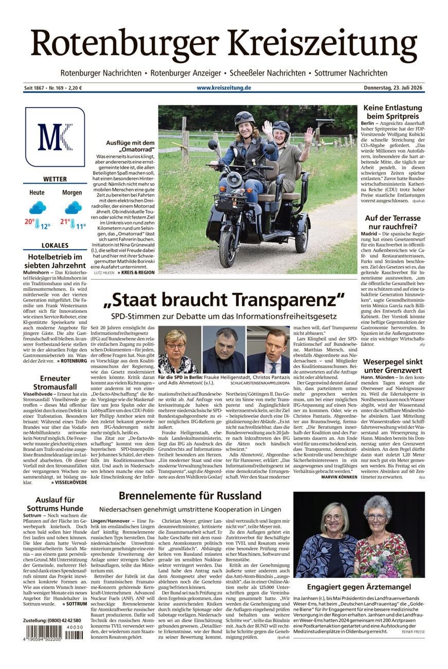 Rotenburger Kreiszeitung/Visselhöveder Nachrichten vom Donnerstag, 23.07.2026