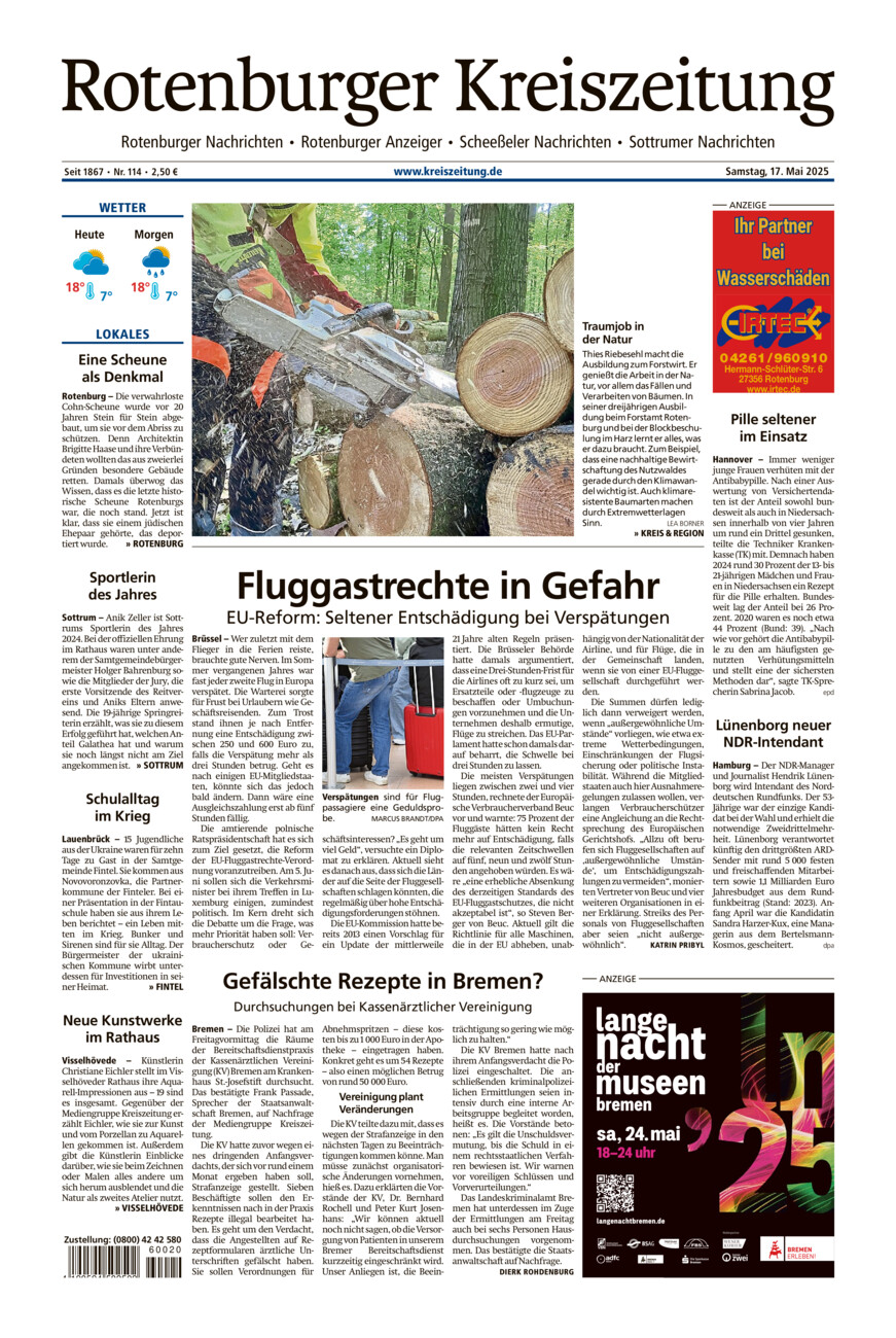Rotenburger Kreiszeitung/Visselhöveder Nachrichten vom Samstag, 17.05.2025