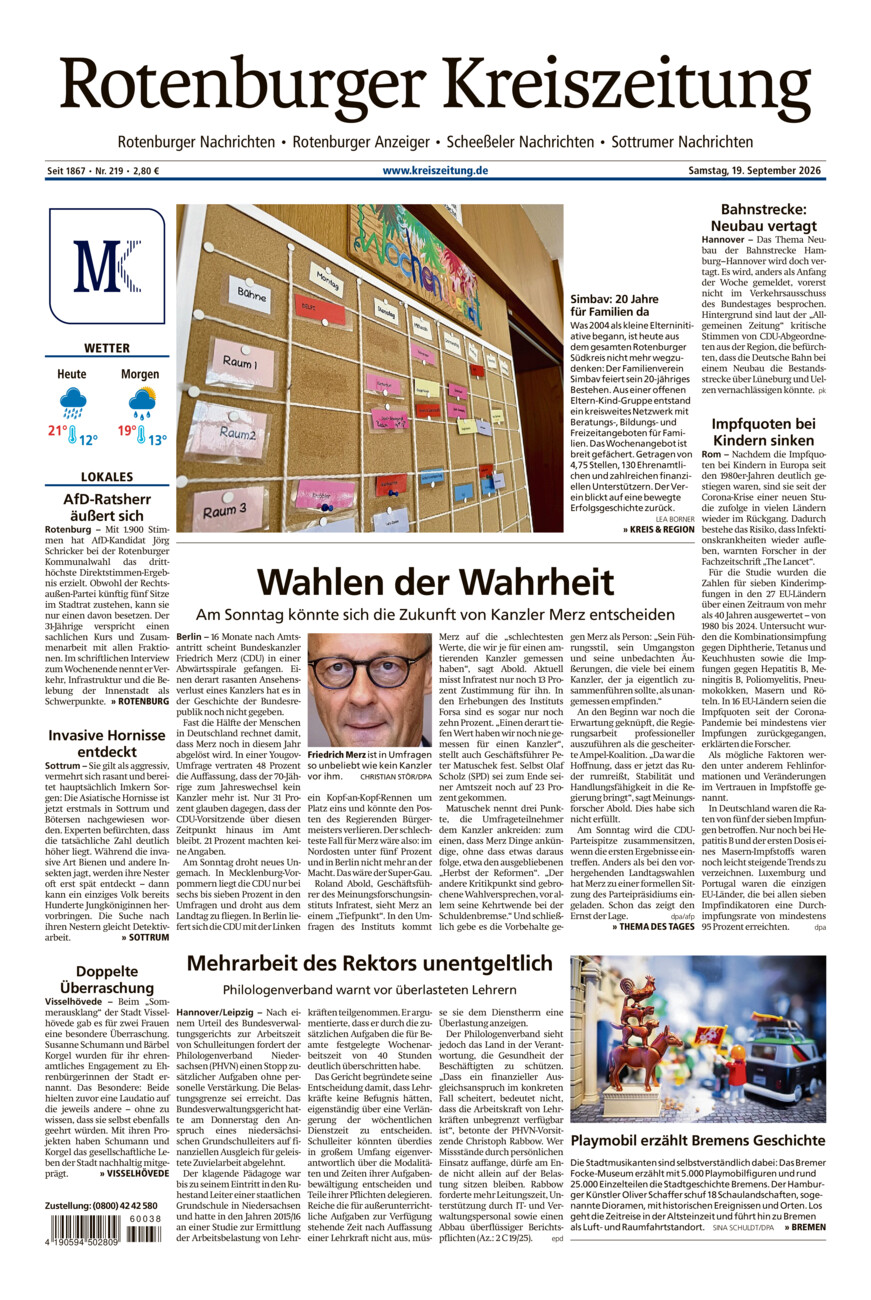 Rotenburger Kreiszeitung/Visselhöveder Nachrichten vom Samstag, 19.09.2026