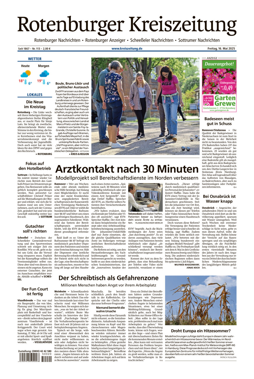 Rotenburger Kreiszeitung/Visselhöveder Nachrichten vom Freitag, 16.05.2025