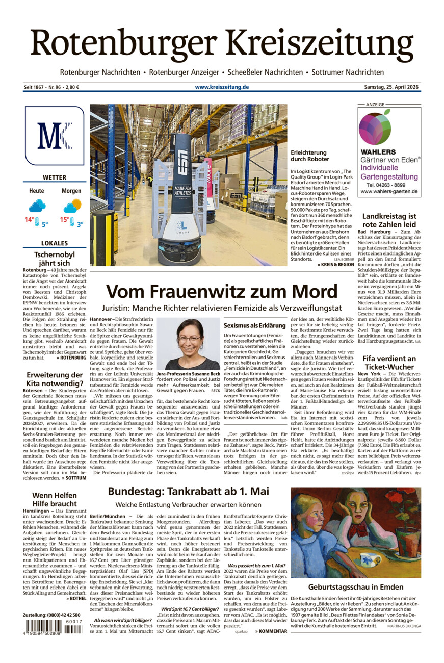 Rotenburger Kreiszeitung/Visselhöveder Nachrichten vom Samstag, 25.04.2026
