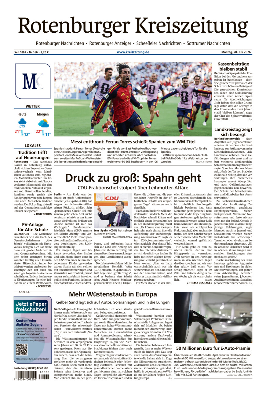 Rotenburger Kreiszeitung/Visselhöveder Nachrichten vom Montag, 20.07.2026