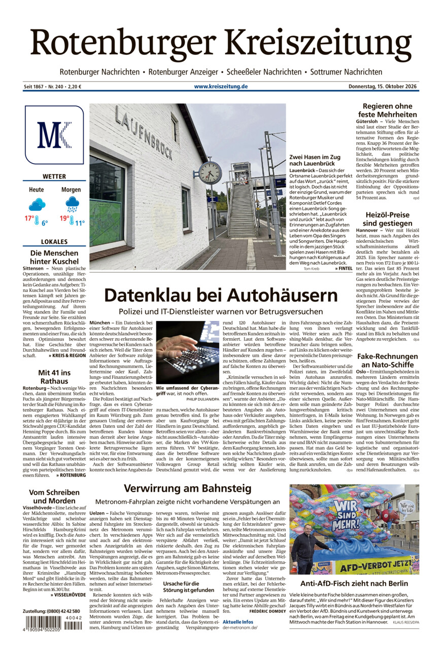 Rotenburger Kreiszeitung/Visselhöveder Nachrichten vom Donnerstag, 15.10.2026