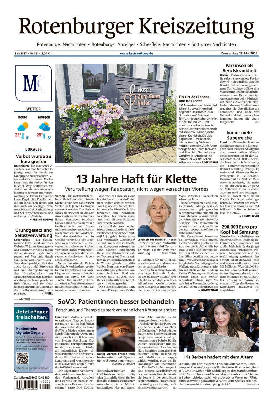 Rotenburger Kreiszeitung/Visselhöveder Nachrichten vom Donnerstag, 28.05.2026