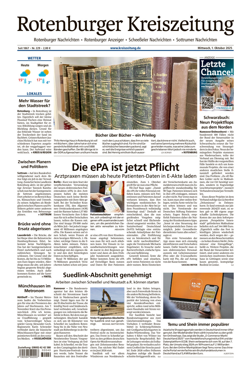 Rotenburger Kreiszeitung/Visselhöveder Nachrichten vom Mittwoch, 01.10.2025