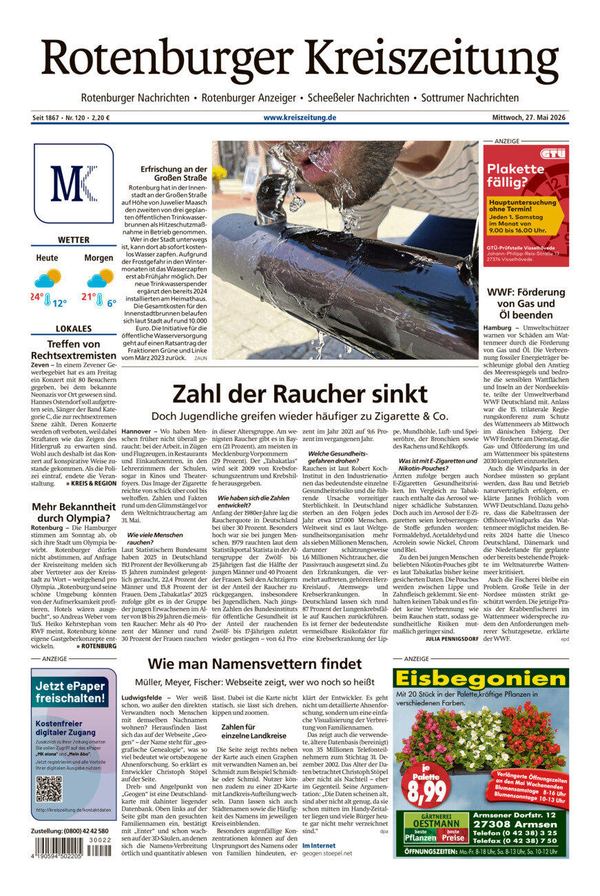 Rotenburger Kreiszeitung/Visselhöveder Nachrichten vom Mittwoch, 27.05.2026