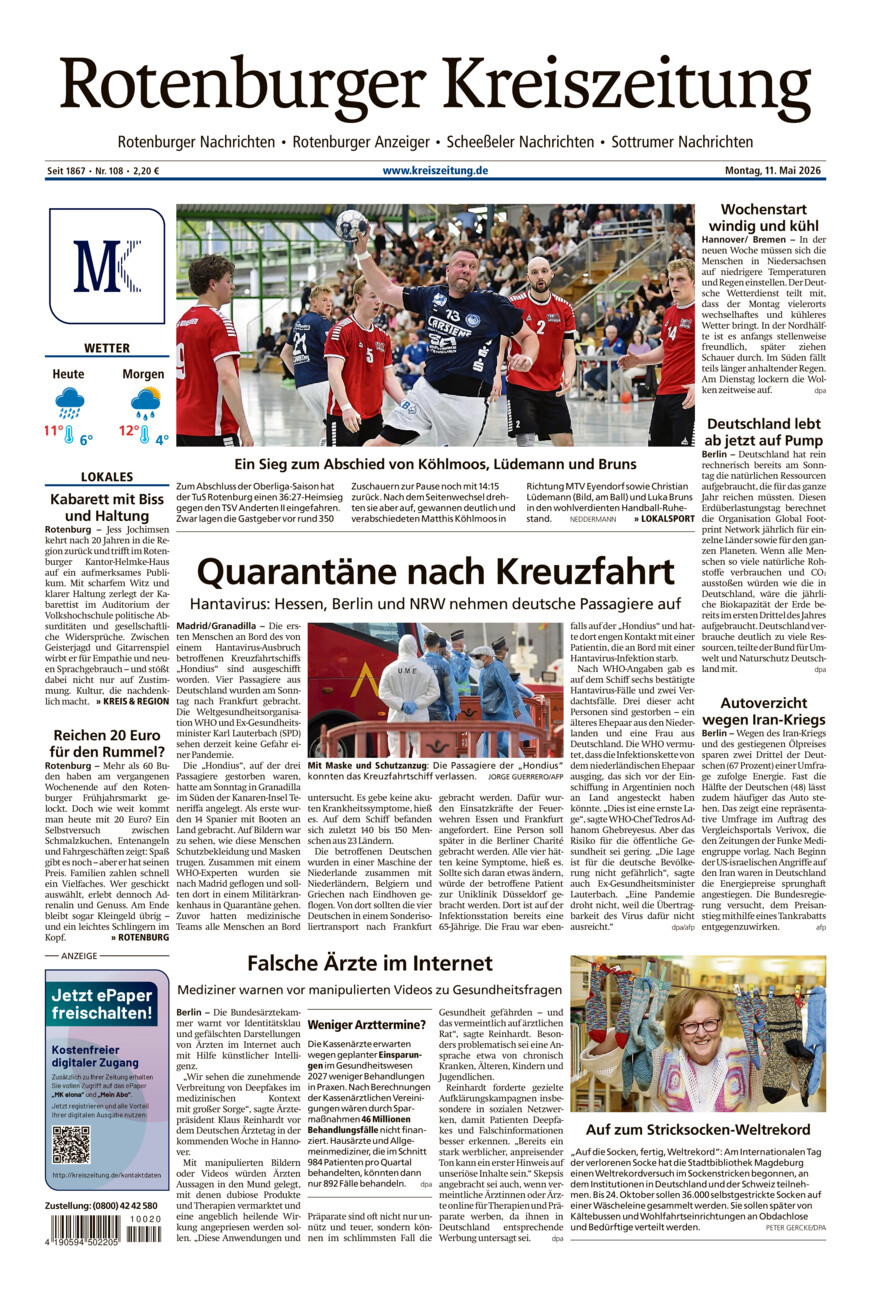 Rotenburger Kreiszeitung/Visselhöveder Nachrichten vom Montag, 11.05.2026