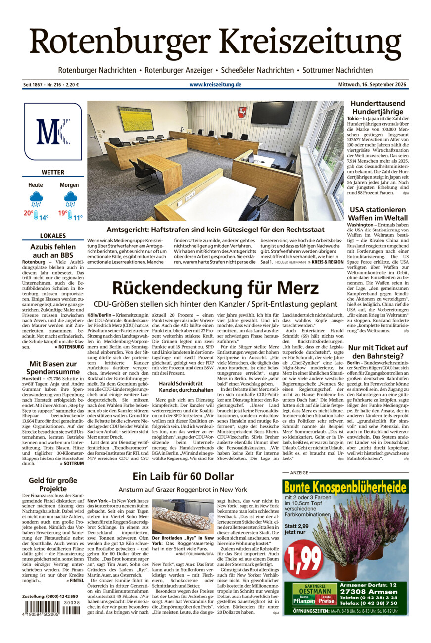 Rotenburger Kreiszeitung/Visselhöveder Nachrichten vom Mittwoch, 16.09.2026