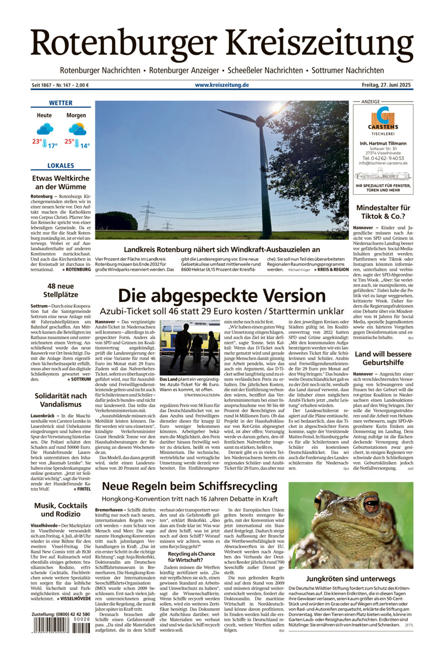 Rotenburger Kreiszeitung/Visselhöveder Nachrichten vom Freitag, 27.06.2025