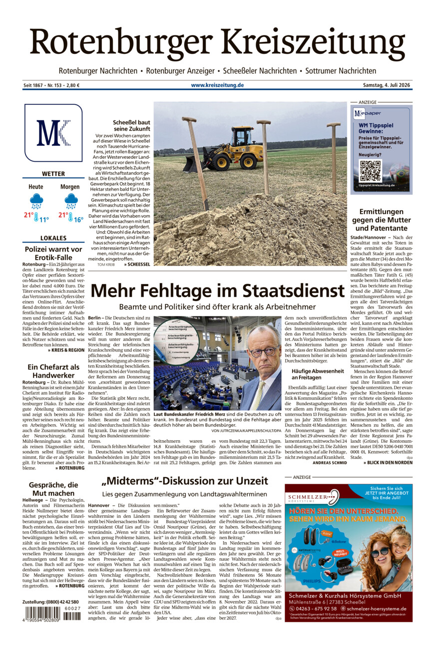 Rotenburger Kreiszeitung/Visselhöveder Nachrichten vom Samstag, 04.07.2026