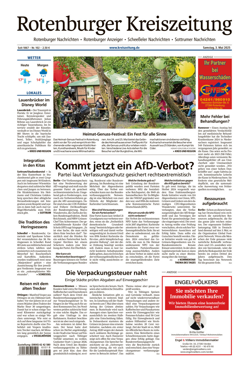 Rotenburger Kreiszeitung/Visselhöveder Nachrichten vom Samstag, 03.05.2025