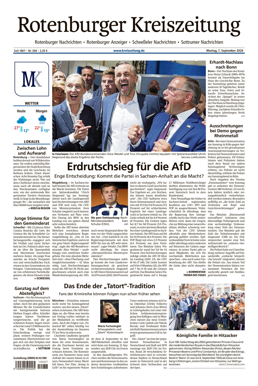 Rotenburger Kreiszeitung/Visselhöveder Nachrichten vom Montag, 07.09.2026