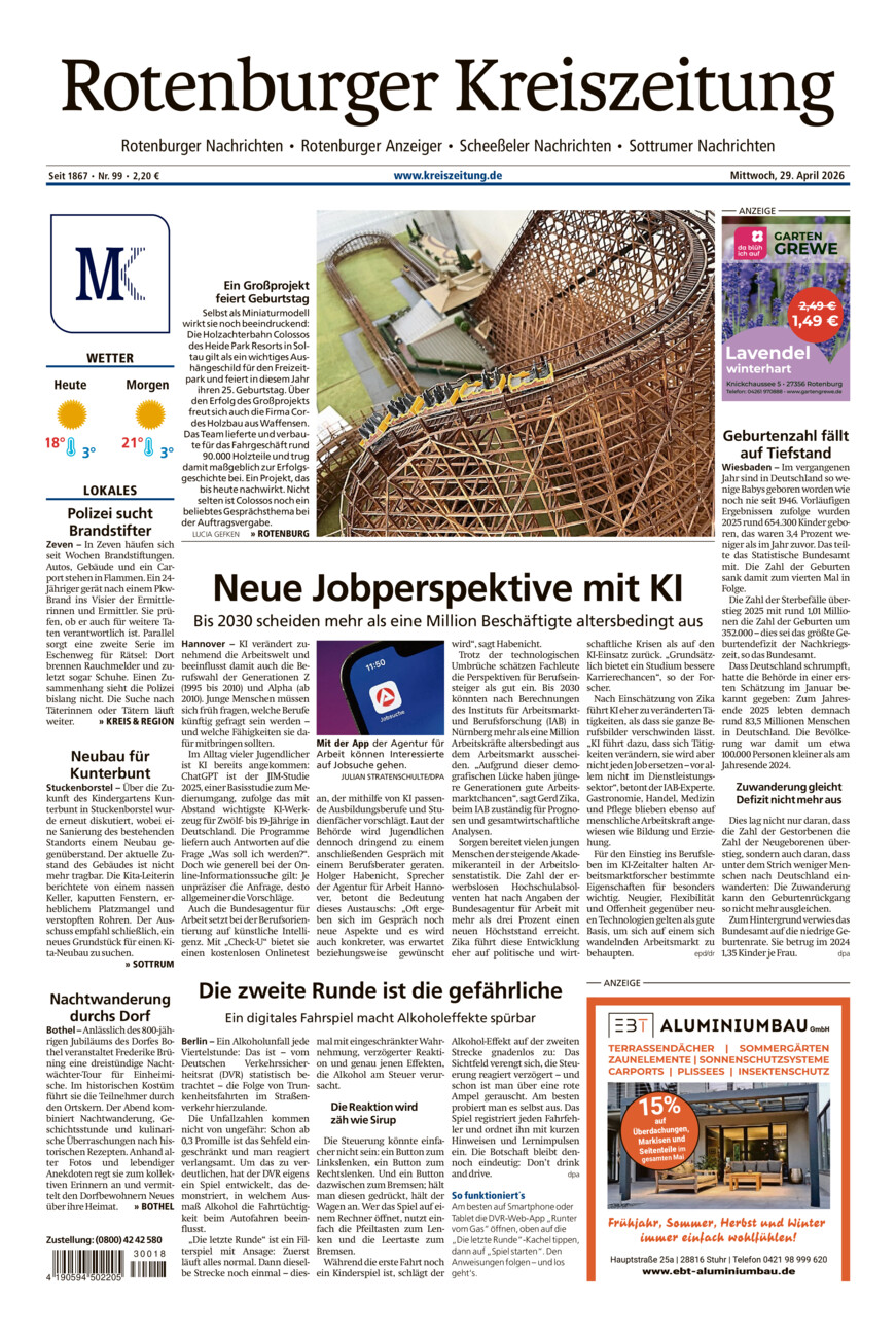 Rotenburger Kreiszeitung/Visselhöveder Nachrichten vom Mittwoch, 29.04.2026