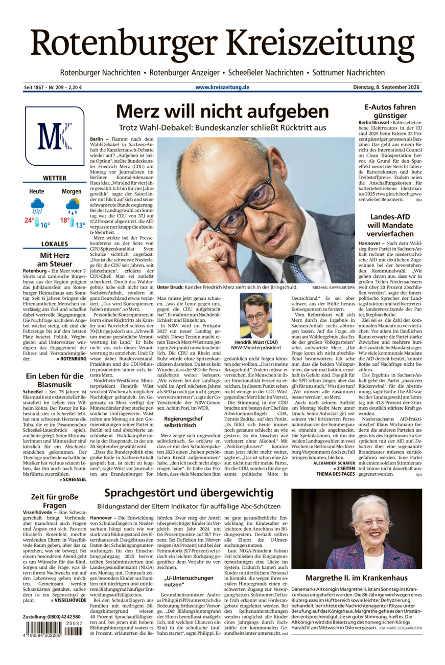 Rotenburger Kreiszeitung/Visselhöveder Nachrichten vom Dienstag, 08.09.2026