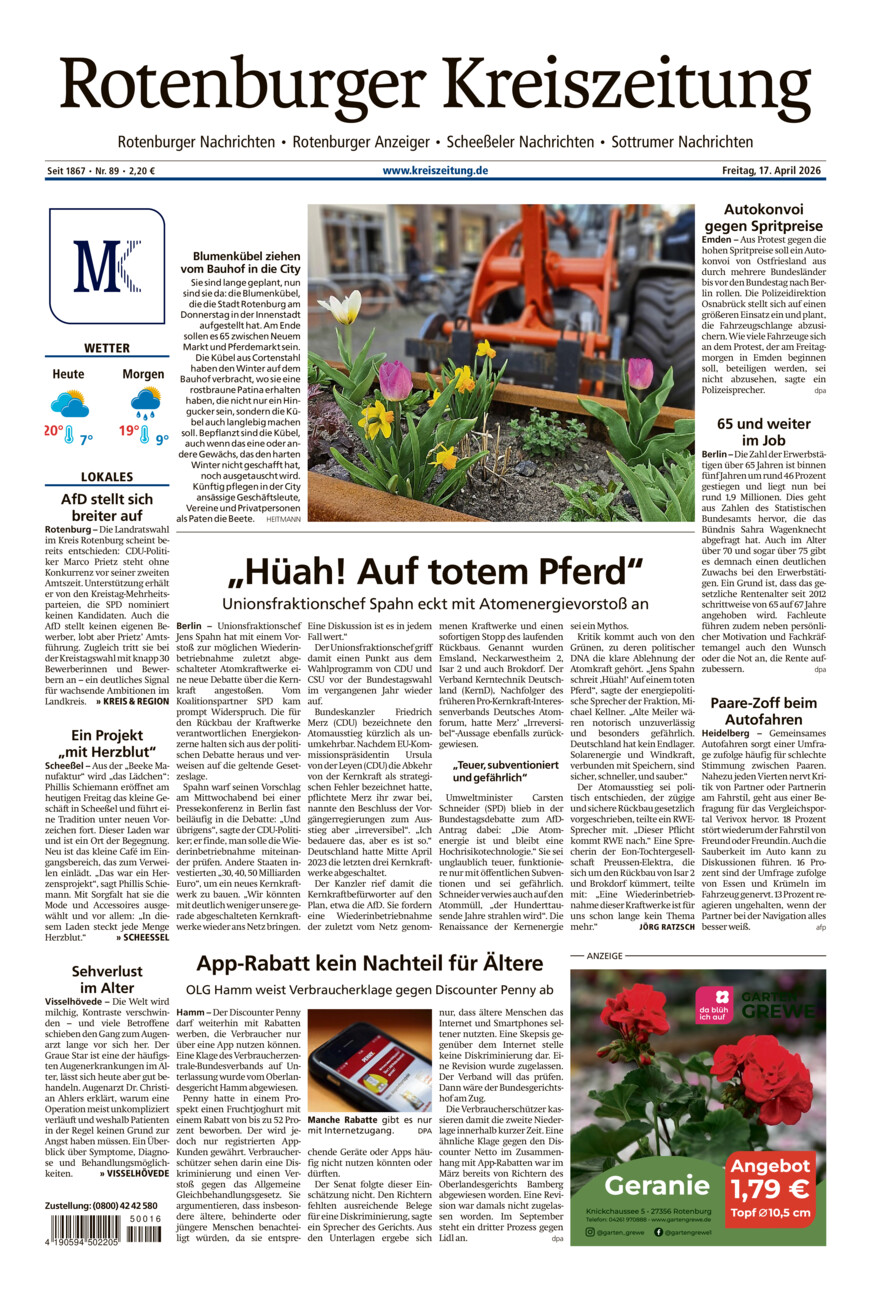Rotenburger Kreiszeitung/Visselhöveder Nachrichten vom Freitag, 17.04.2026