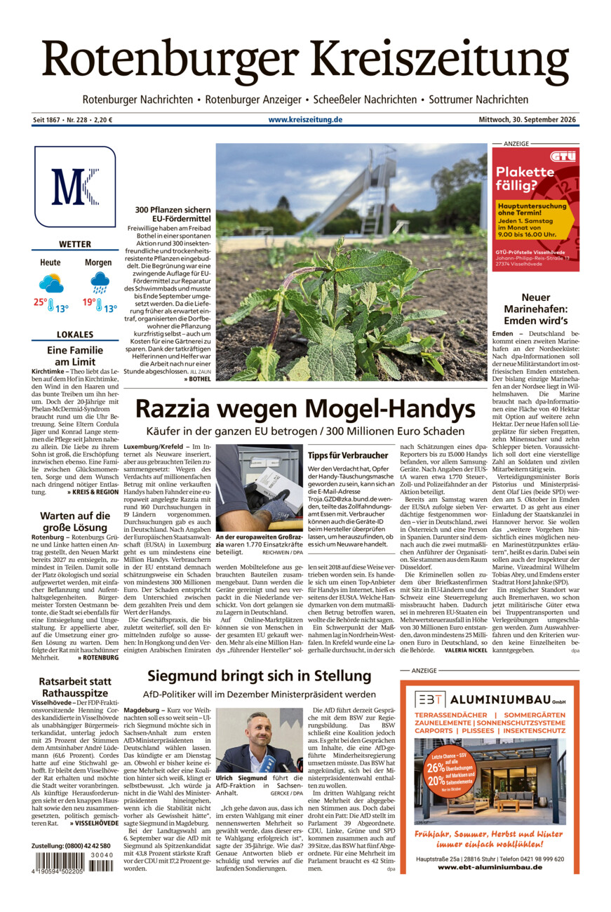 Rotenburger Kreiszeitung/Visselhöveder Nachrichten vom Mittwoch, 30.09.2026
