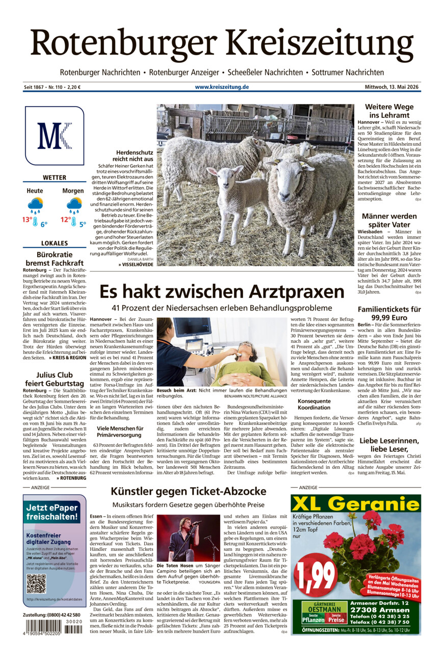 Rotenburger Kreiszeitung/Visselhöveder Nachrichten vom Mittwoch, 13.05.2026