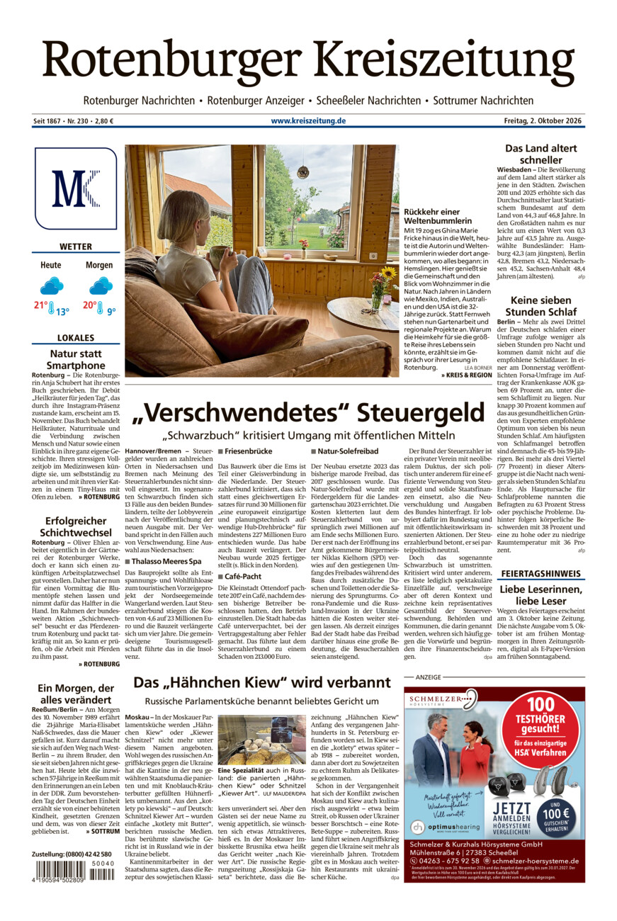 Rotenburger Kreiszeitung/Visselhöveder Nachrichten vom Freitag, 02.10.2026