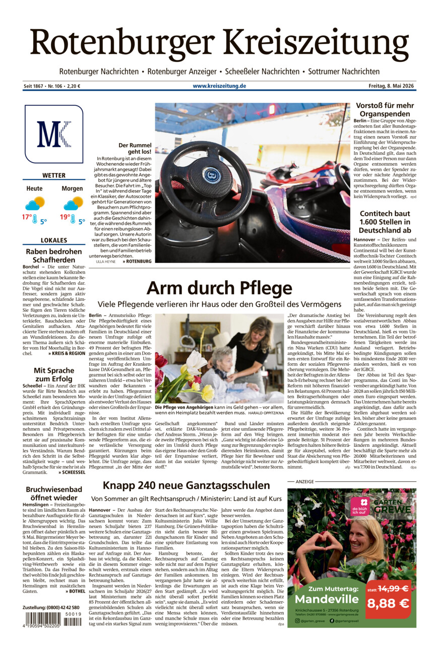 Rotenburger Kreiszeitung/Visselhöveder Nachrichten vom Freitag, 08.05.2026