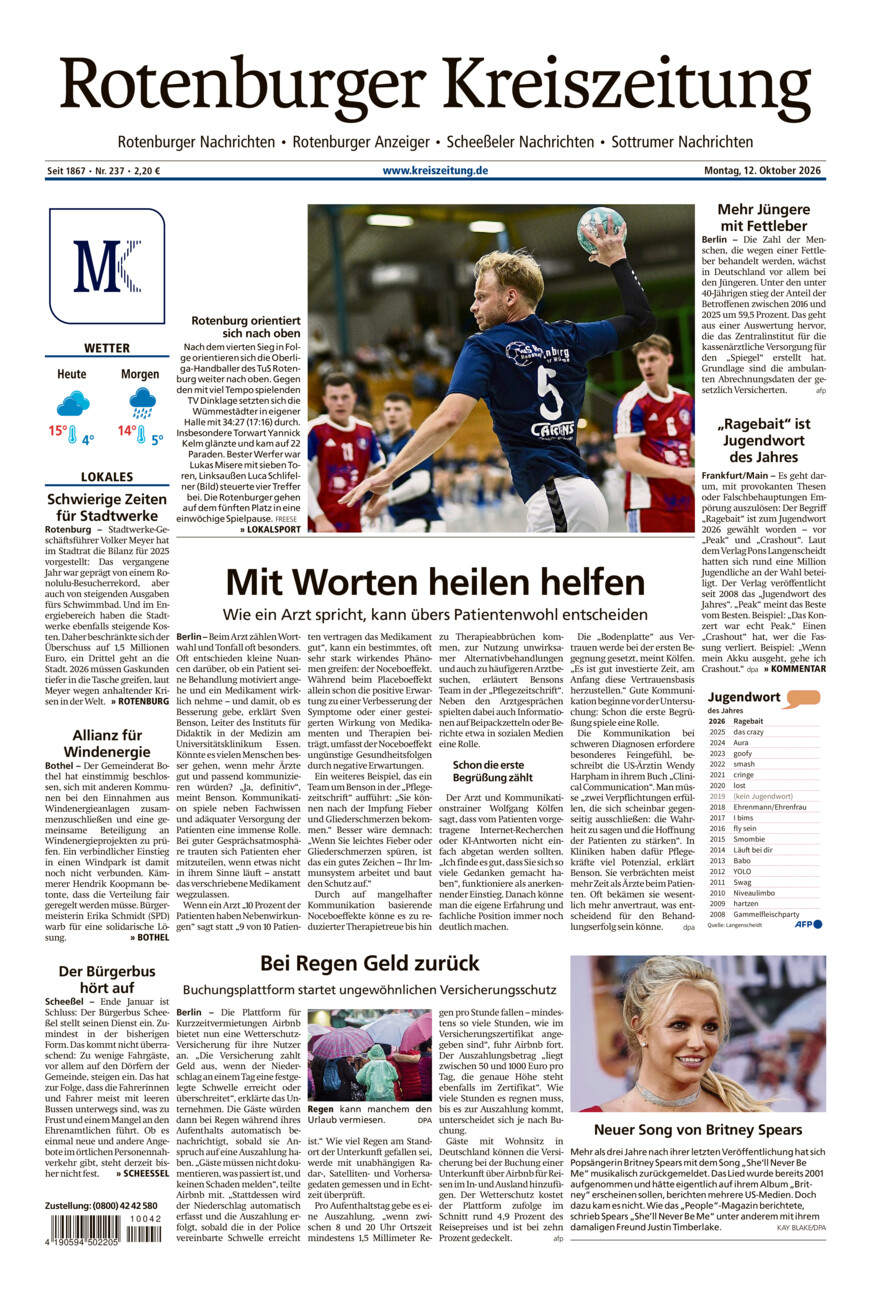 Rotenburger Kreiszeitung/Visselhöveder Nachrichten vom Montag, 12.10.2026