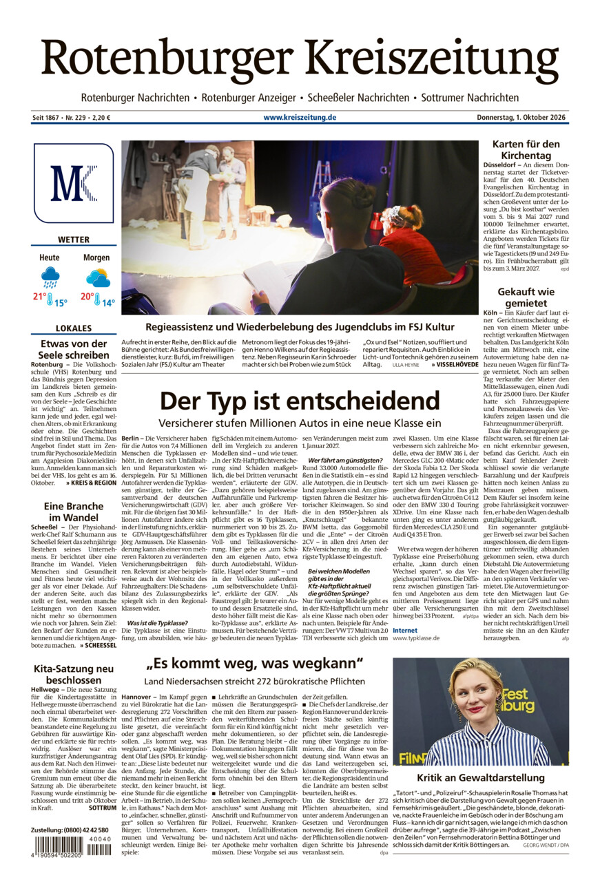 Rotenburger Kreiszeitung/Visselhöveder Nachrichten vom Donnerstag, 01.10.2026