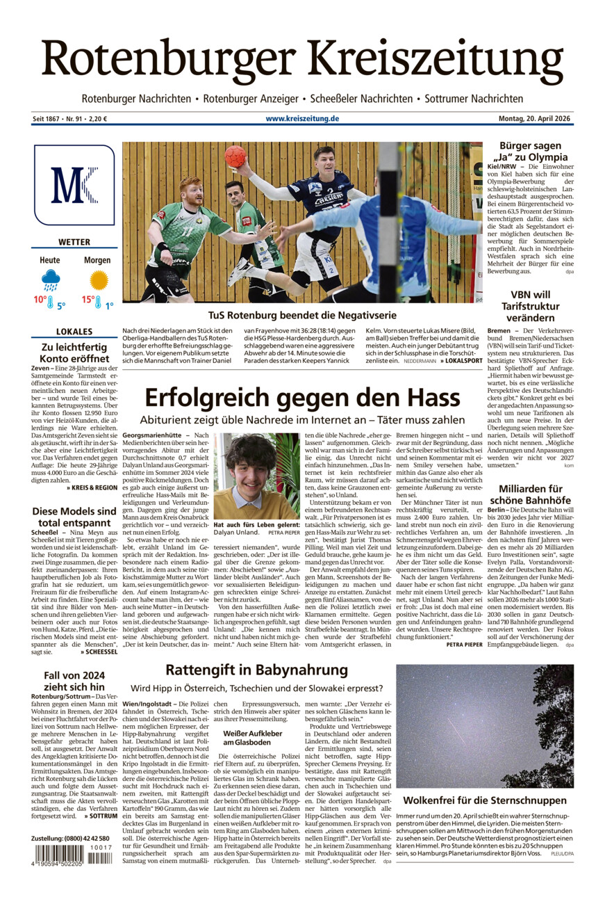 Rotenburger Kreiszeitung/Visselhöveder Nachrichten vom Montag, 20.04.2026