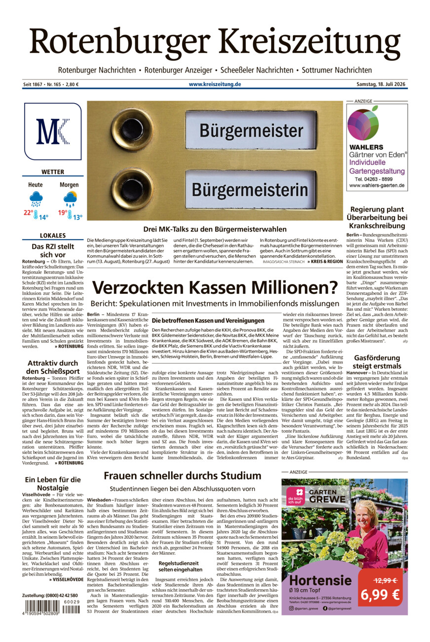 Rotenburger Kreiszeitung/Visselhöveder Nachrichten vom Samstag, 18.07.2026