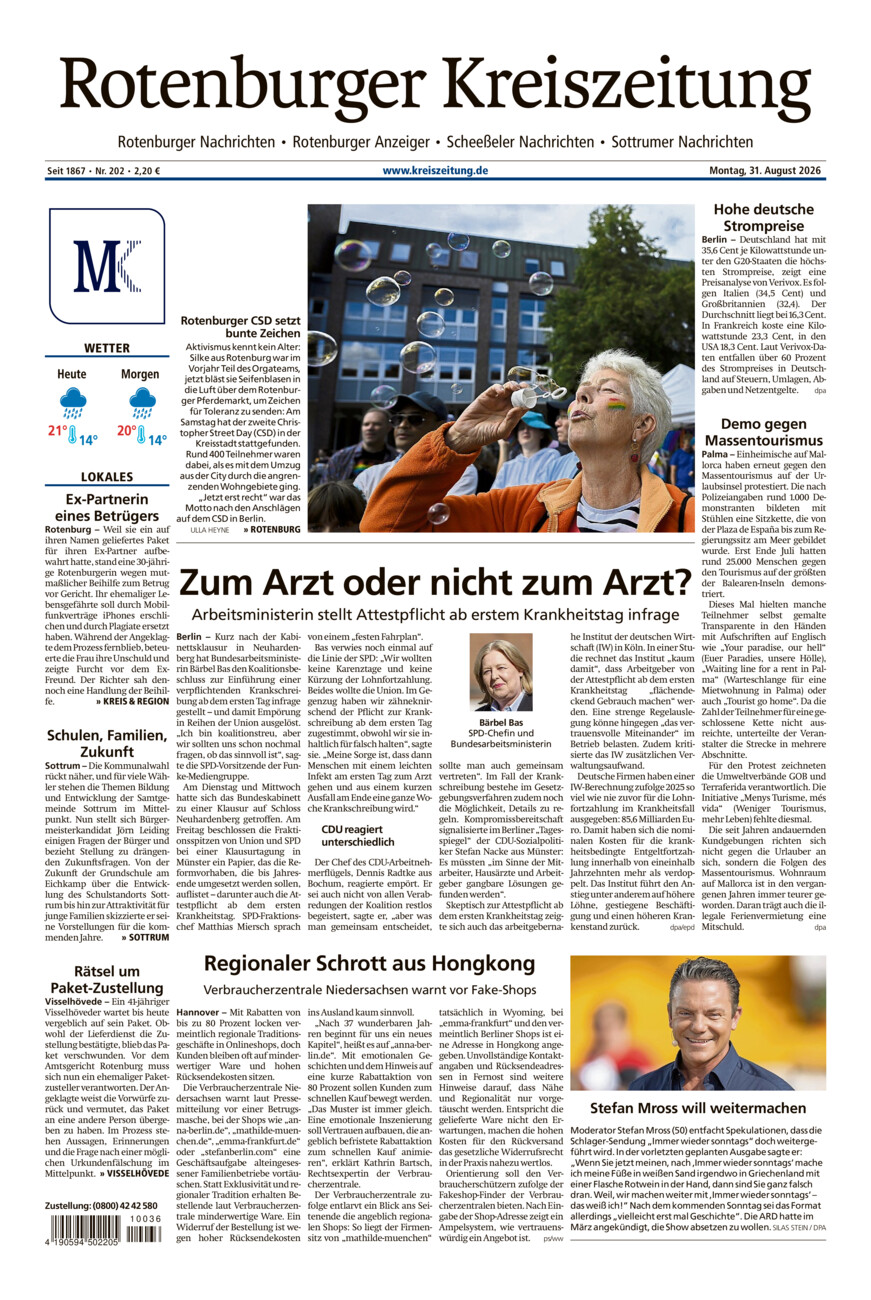 Rotenburger Kreiszeitung/Visselhöveder Nachrichten vom Montag, 31.08.2026