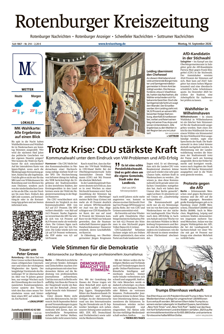 Rotenburger Kreiszeitung/Visselhöveder Nachrichten vom Montag, 14.09.2026