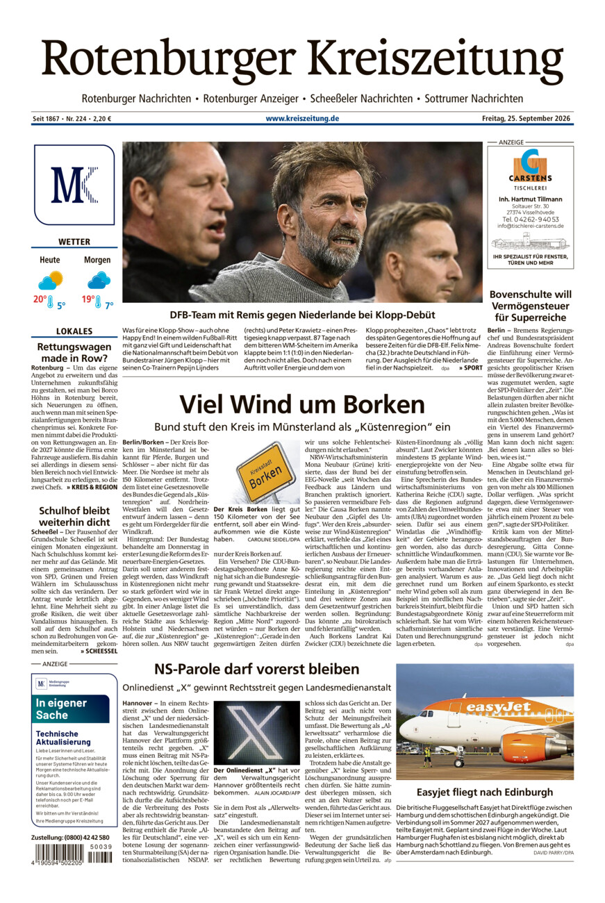 Rotenburger Kreiszeitung/Visselhöveder Nachrichten vom Freitag, 25.09.2026
