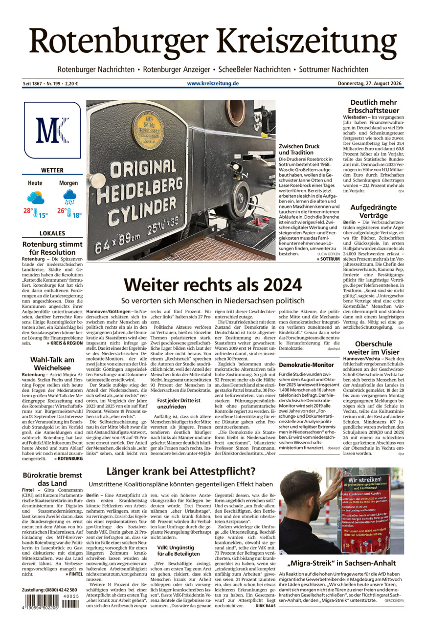 Rotenburger Kreiszeitung/Visselhöveder Nachrichten vom Donnerstag, 27.08.2026