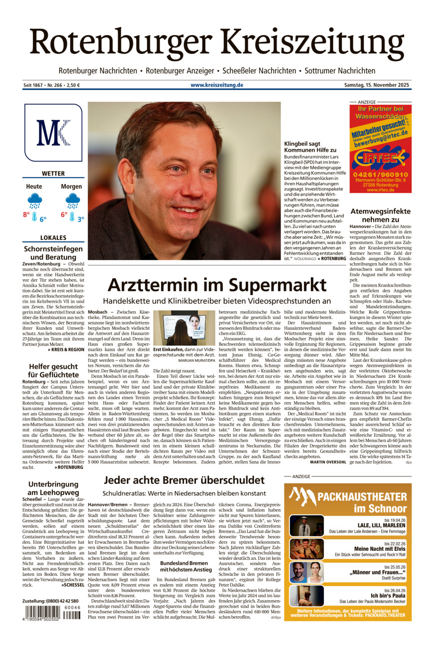 Rotenburger Kreiszeitung/Visselhöveder Nachrichten vom Samstag, 15.11.2025