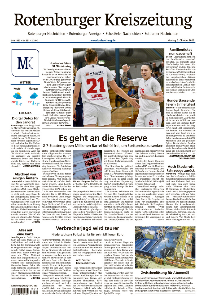 Rotenburger Kreiszeitung/Visselhöveder Nachrichten vom Montag, 05.10.2026