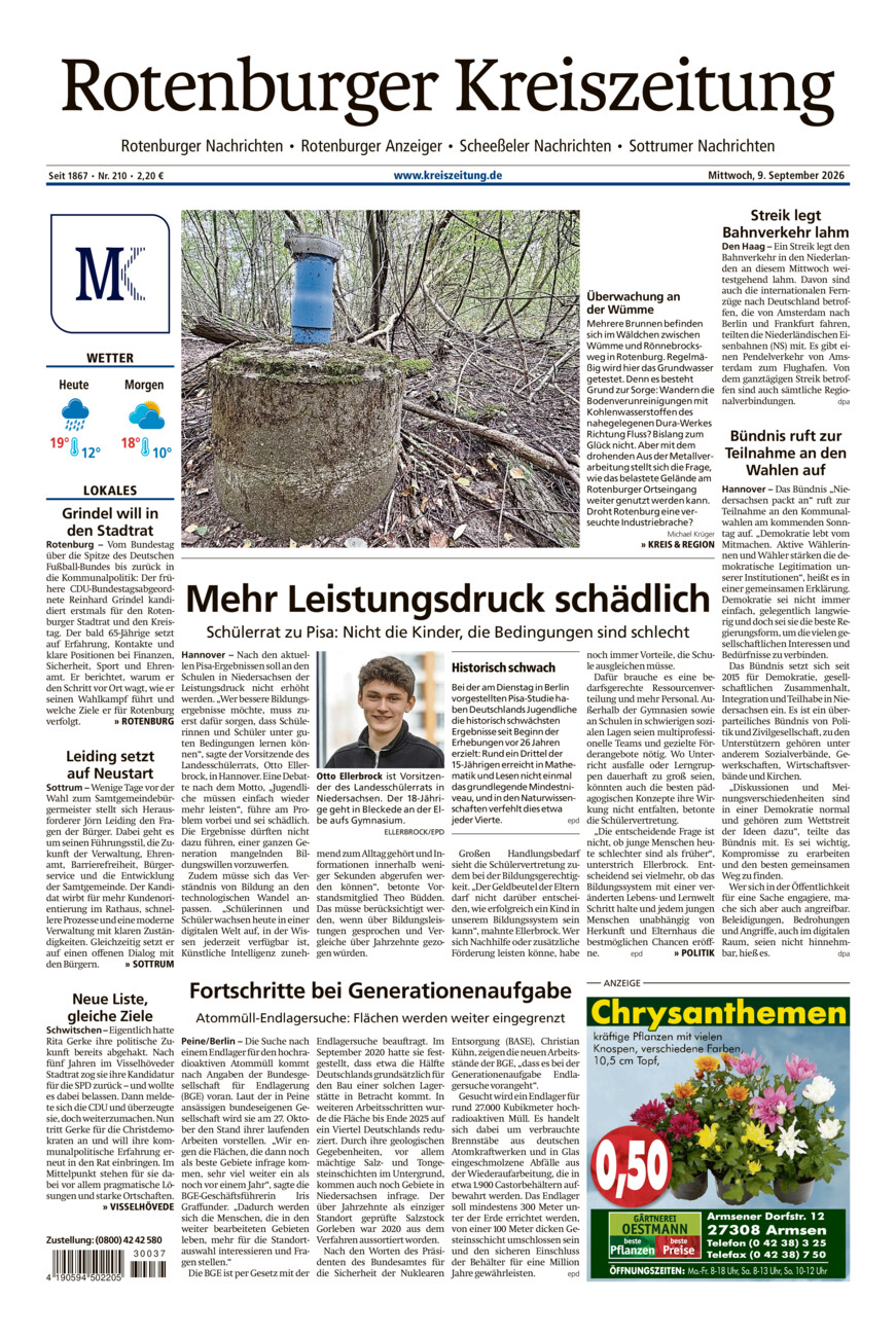 Rotenburger Kreiszeitung/Visselhöveder Nachrichten vom Mittwoch, 09.09.2026