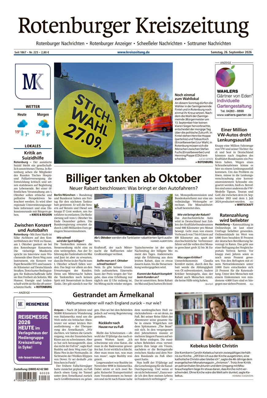 Rotenburger Kreiszeitung/Visselhöveder Nachrichten vom Samstag, 26.09.2026