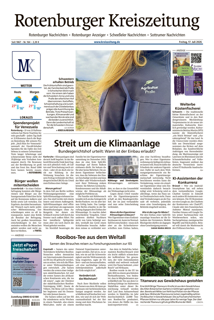 Rotenburger Kreiszeitung/Visselhöveder Nachrichten vom Freitag, 17.07.2026