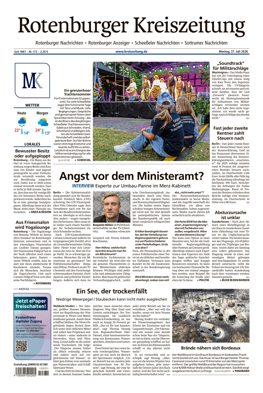 Rotenburger Kreiszeitung/Visselhöveder Nachrichten vom Montag, 27.07.2026