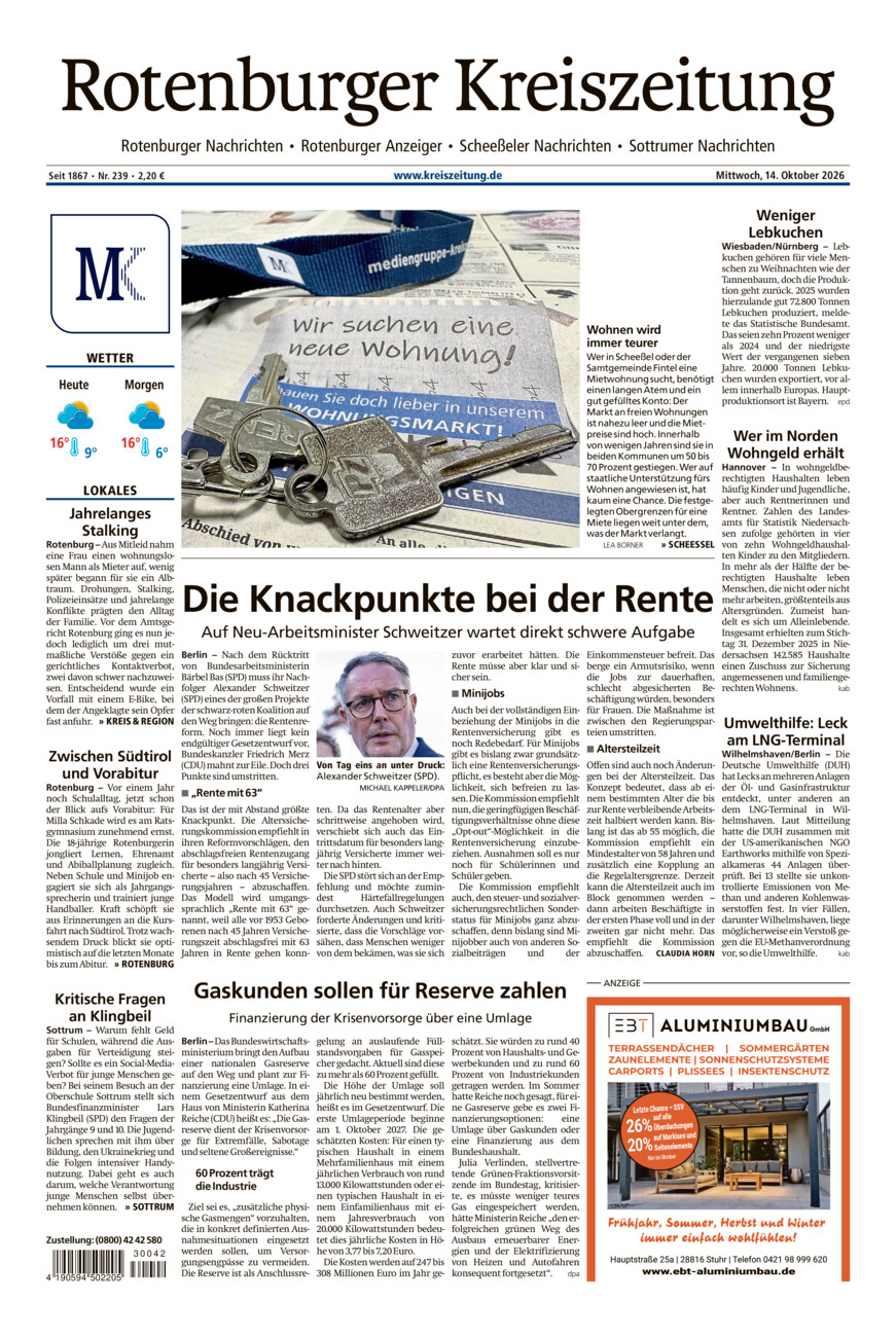 Rotenburger Kreiszeitung/Visselhöveder Nachrichten vom Mittwoch, 14.10.2026