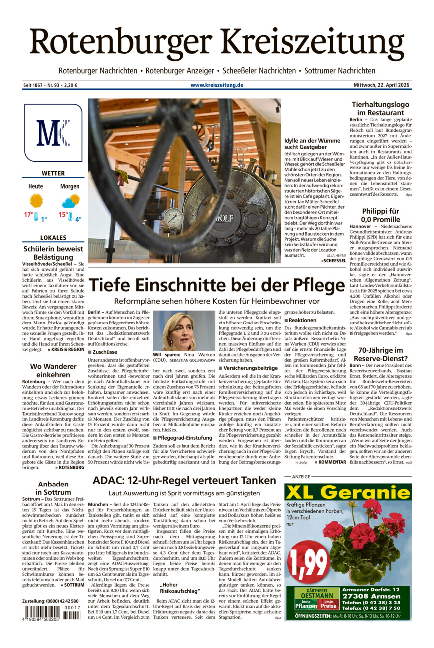 Rotenburger Kreiszeitung/Visselhöveder Nachrichten vom Mittwoch, 22.04.2026